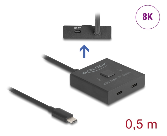 DELOCK USB-C switch 18911, 2 σε 1 bidirectional, 10Gbps, 8K, 100W, μαύρο