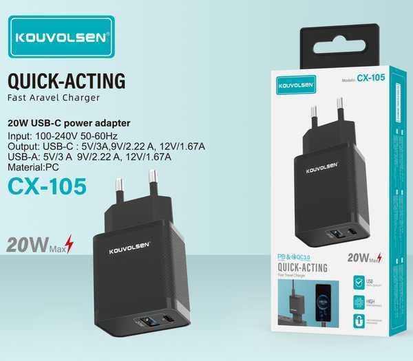 Αντάπτορας φόρτισης Fast Charge με 2 θύρες USB-A & Type-C – 20W – CX-105 – 302402