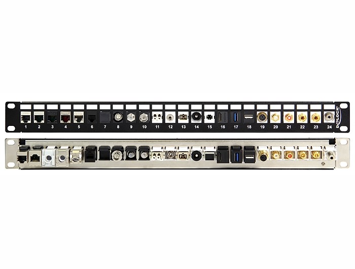 DELOCK keystone patch panel 43277, 19″/1U, 24 ports, μαύρο