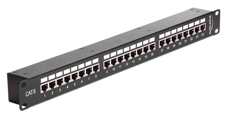 DELOCK patch panel 43295, 19″/1U, CAT 6, 24x coupler RJ45 ports, μαύρο