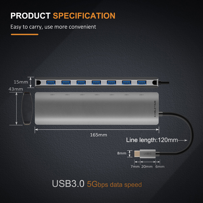 CABLETIME USB hub CT-HUB7, 7x θυρών, 5Gbps, USB-C σύνδεση, γκρι