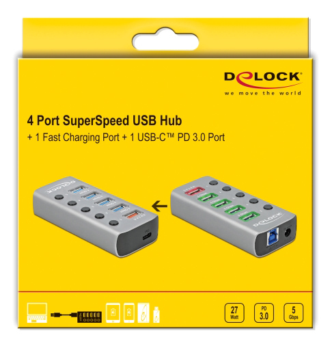 DELOCK USB hub 63263 με διακόπτες, 6x θυρών, 5Gbps, 12V/2.25A PD, γκρι