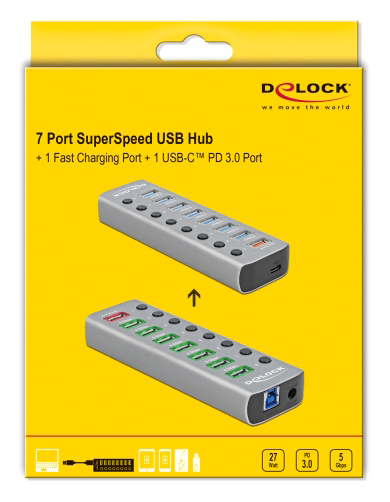 DELOCK USB hub 63264 με διακόπτες, 9x θυρών, 5Gbps, 12V/2.25A PD, γκρι