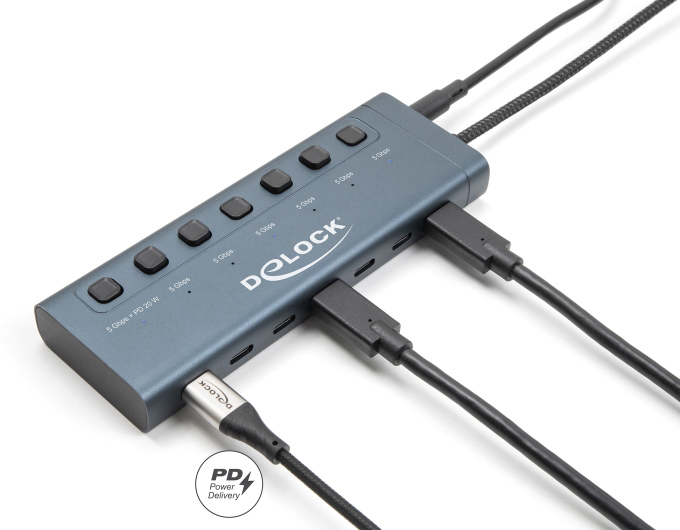 DELOCK USB-C hub 63410 με διακόπτες, 7x θυρών, 5Gbps, 20W, USB-C σύνδεση, μπλε