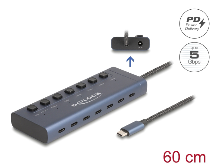 DELOCK USB-C hub 63410 με διακόπτες, 7x θυρών, 5Gbps, 20W, USB-C σύνδεση, μπλε