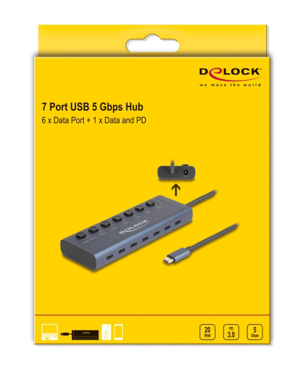 DELOCK USB-C hub 63410 με διακόπτες, 7x θυρών, 5Gbps, 20W, USB-C σύνδεση, μπλε