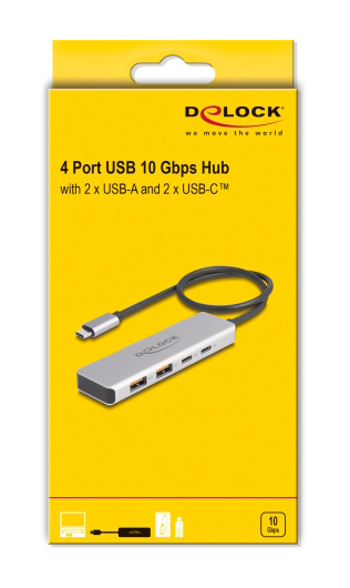 DELOCK USB hub 64230, 4x θυρών, 10Gbps, USB-C σύνδεση, γκρι