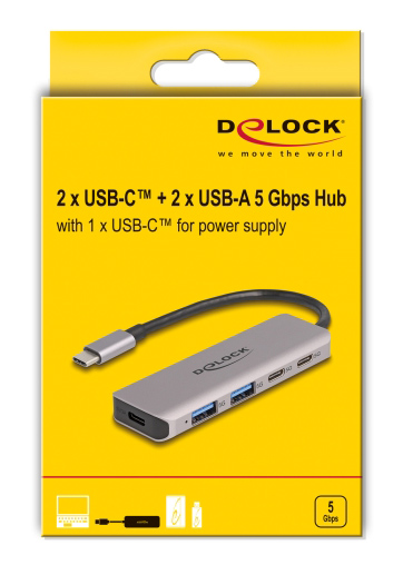 DELOCK USB hub 64239, 4x θυρών, 5Gbps, USB-C σύνδεση, γκρι