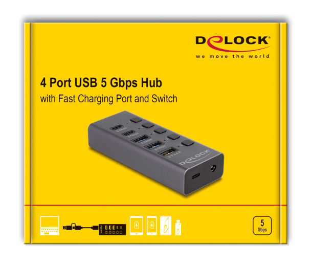 DELOCK USB hub 64248 με διακόπτες, 5x θυρών, 5Gbps, USB/USB-C σύνδεση, γκρι