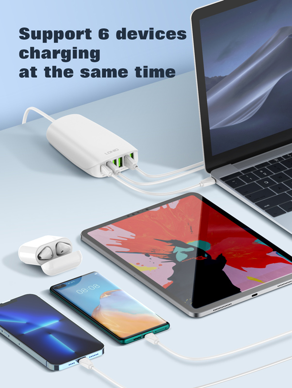 LDNIO σταθμός φόρτισης A6573C, USB-C/5x USB, 65W, PD/QC, λευκός
