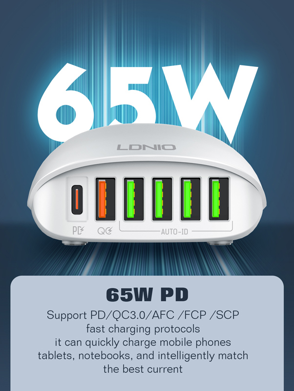 LDNIO σταθμός φόρτισης A6573C, USB-C/5x USB, 65W, PD/QC, λευκός