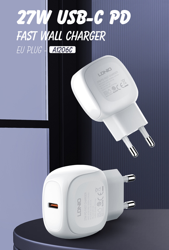 LDNIO φορτιστής τοίχου A1206C με καλώδιο USB-C, 1x USB-C, 27W PD, λευκός