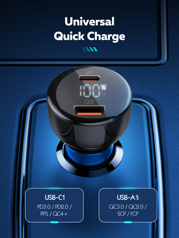LDNIO φορτιστής αυτοκινήτου C101 με καλώδιο, USB/USB-C, 100W PD, μαύρος