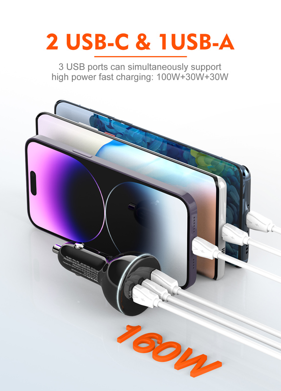 LDNIO φορτιστής αυτοκινήτου C102 με καλώδιο, USB/2x USB-C, 160W, μαύρος