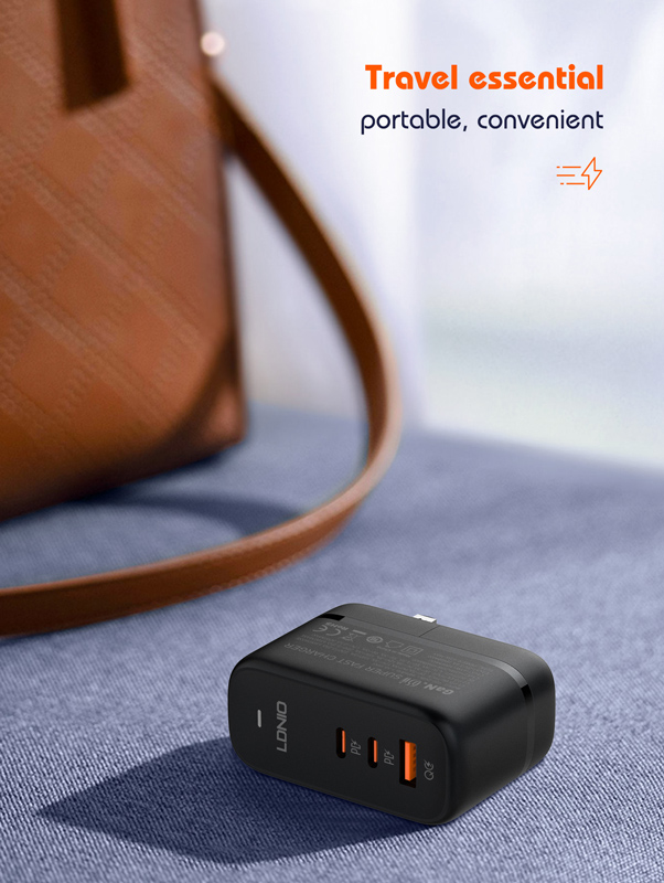 LDNIO φορτιστής τοίχου Q366 με καλώδιο, USB/2x USB-C, 65W, GaN, μαύρος