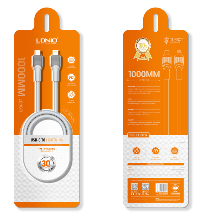 LDNIO καλώδιο Lightning σε USB-C LC601I, 30W PD, 1m, γκρι