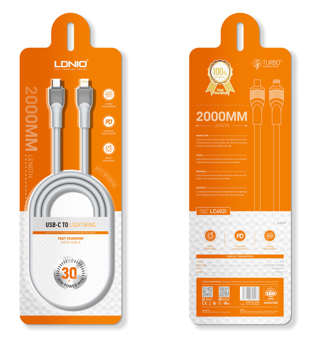 LDNIO καλώδιο Lightning σε USB-C LC602I, 30W PD, 2m, γκρι