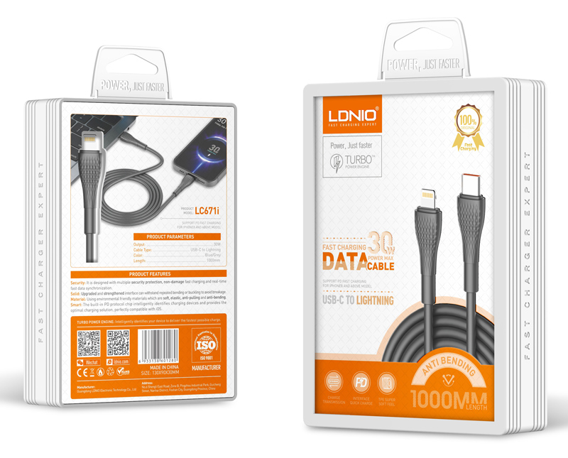 LDNIO καλώδιο Lightning σε USB-C LC671I, 30W PD, 1m, γκρι