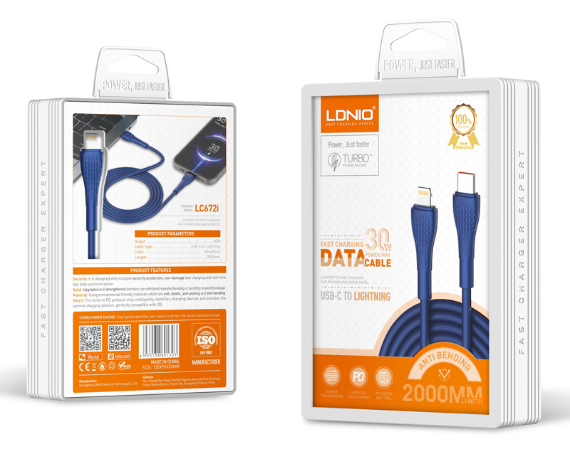 LDNIO καλώδιο Lightning σε USB-C LC672I, 30W PD, 2m, μπλε
