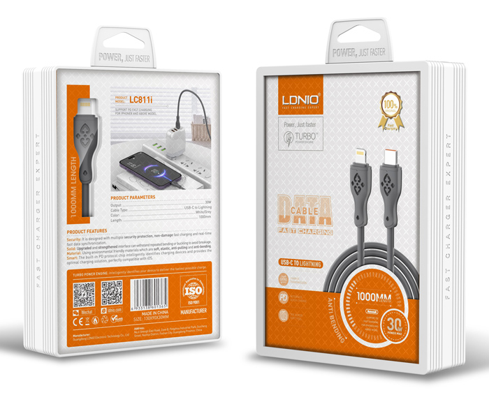 LDNIO καλώδιο Lightning σε USB-C LC811I, 30W PD, 1m, γκρι