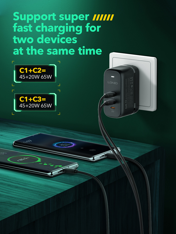 LDNIO φορτιστής τοίχου Q367 με καλώδιο USB-C, 3x USB-C, 65W, GaN, μαύρος