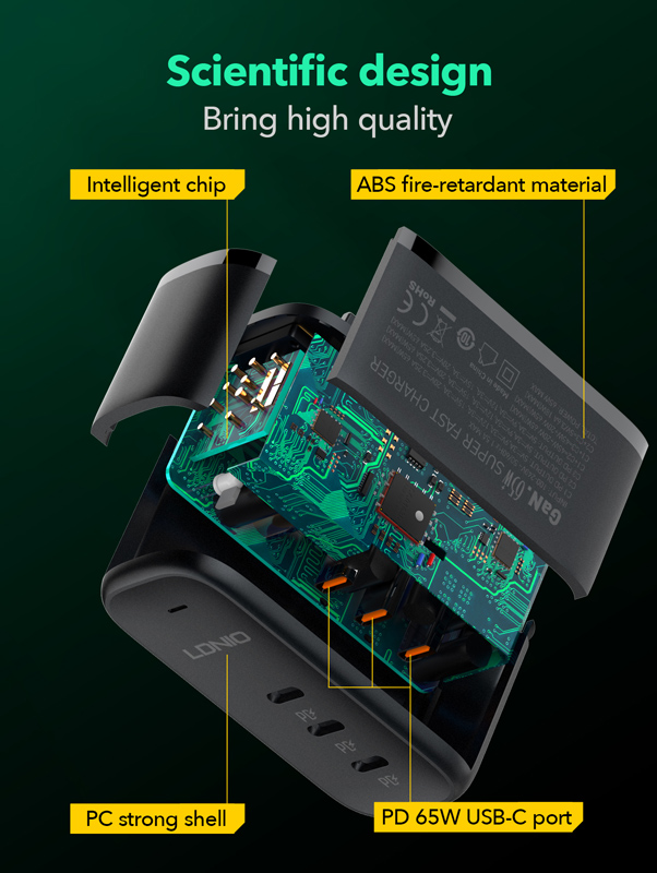 LDNIO φορτιστής τοίχου Q367 με καλώδιο USB-C, 3x USB-C, 65W, GaN, μαύρος