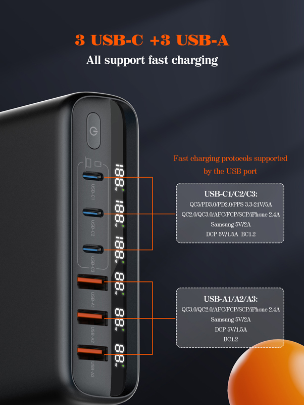 LDNIO σταθμός φόρτισης A6140C, 3x USB-C/3x USB, 140W, PD/QC, GaN, μαύρος