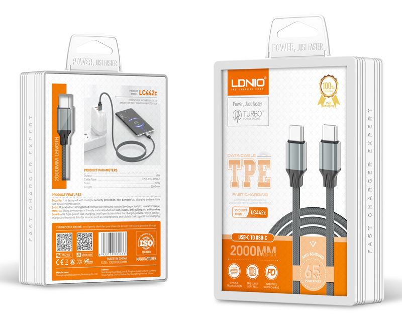 LDNIO καλώδιο USB-C σε USB-C LC442C, 65W PD, 2m, γκρι