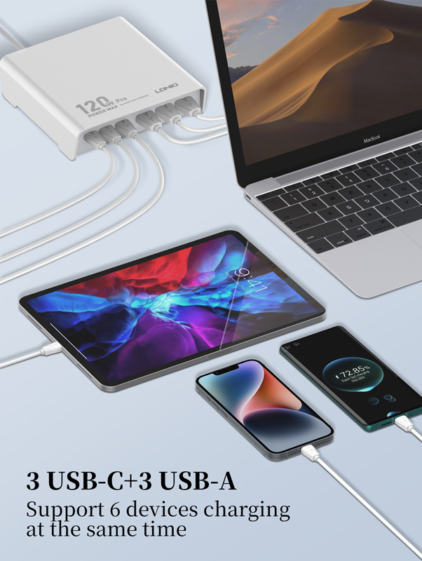 LDNIO σταθμός φόρτισης Q605, 3x USB-C & 3x USB, 120W, PD/QC, λευκός