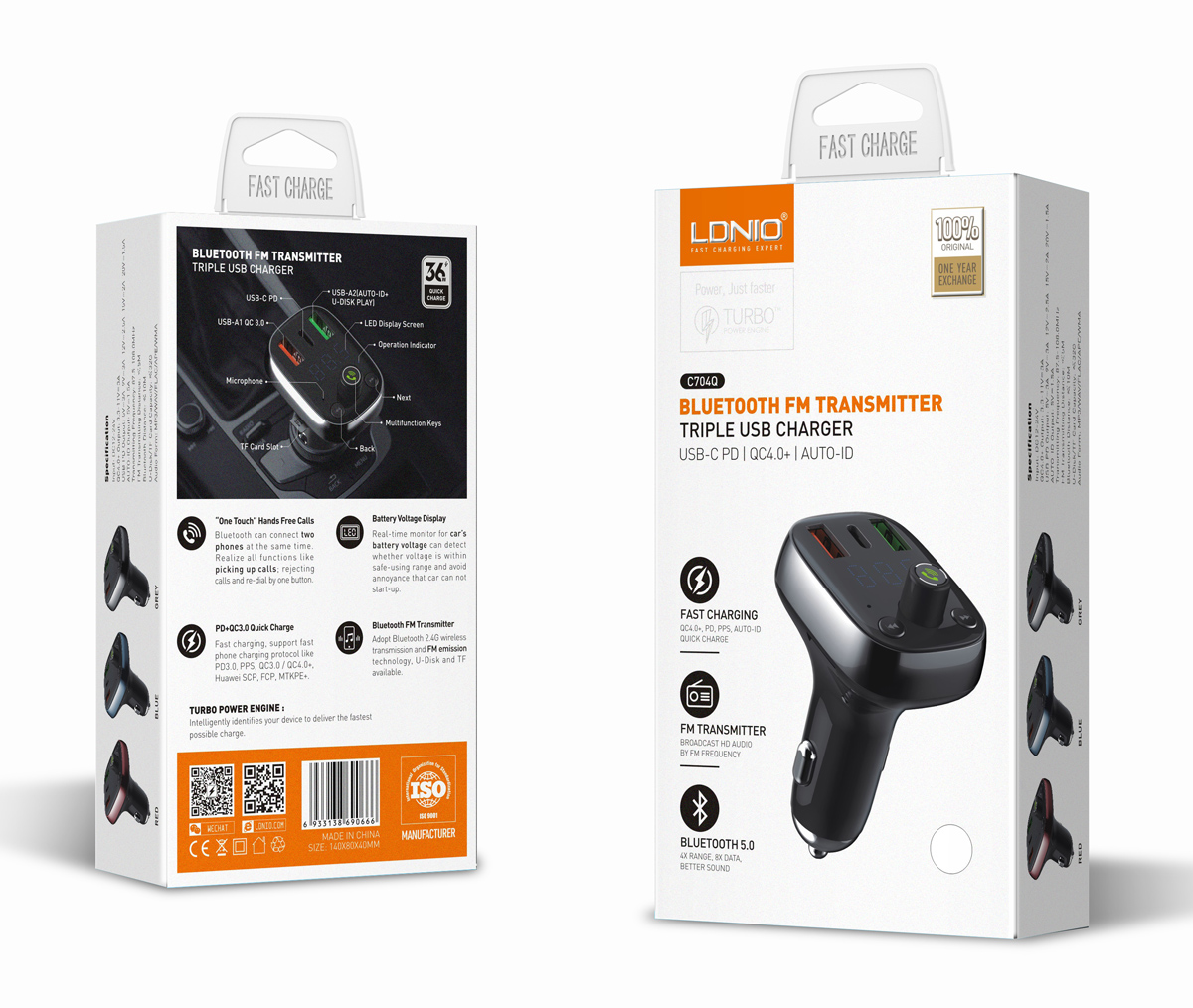 LDNIO FM Transmitter & φορτιστής C704Q, 2x USB/1x USB-C, 36W, Bluetooth, μαύρο