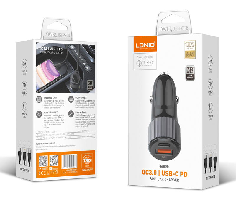 LDNIO φορτιστής αυτοκινήτου C510Q με καλώδιο, USB & USB-C, 38W, μαύρος