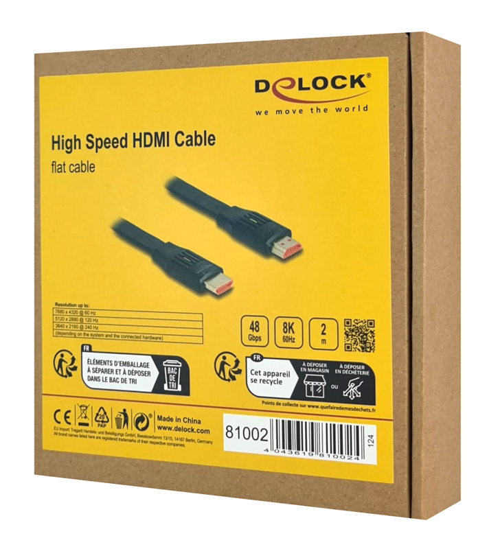 DELOCK καλώδιο HDMI 81002, flat, 8K/60Hz, 48 Gbps, eARC, HDR, 2m, μαύρο