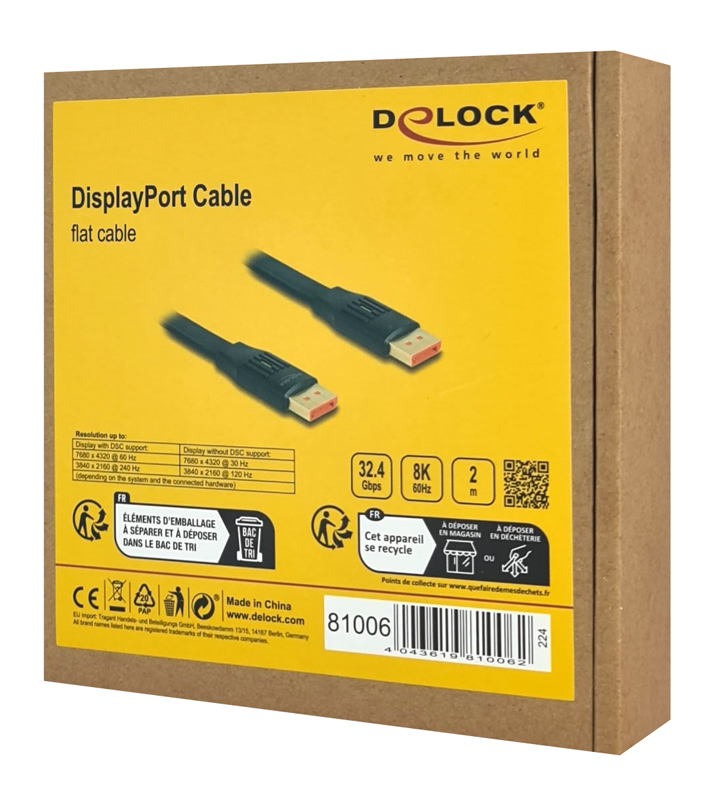DELOCK καλώδιο DisplayPort 81006, flat, 8K/60Hz 32.4 Gbps HDR, 2m, μαύρο