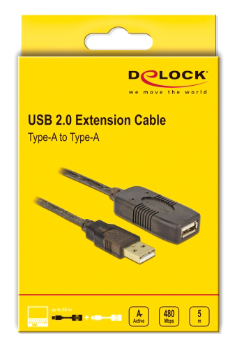 DELOCK καλώδιο USB 2.0 αρσενικό σε θηλυκό 82308, active, 5m, μαύρο