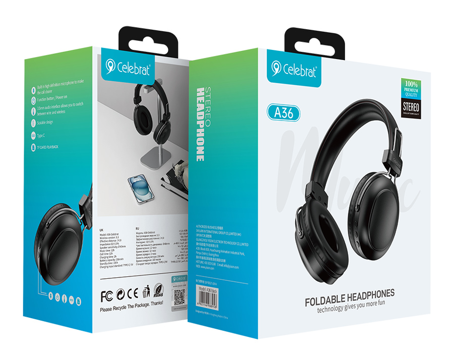CELEBRAT headphones A36, ασύρματα & ενσύρματα, micro SD, 40mm, 250mAh, μαύρα