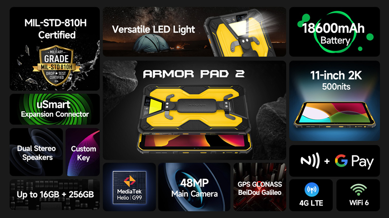 ULEFONE tablet Armor Pad 2, 11″ 8/256GB, 18600mAh, IP68/IP69K, 4G, μαύρο