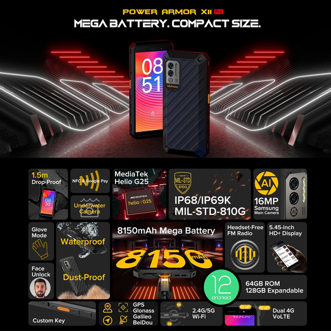 ULEFONE smartphone Power Armor X11 Pro, 5.45″, 4/64GB, 8150mAh, IP68/IP69K, μαύρο