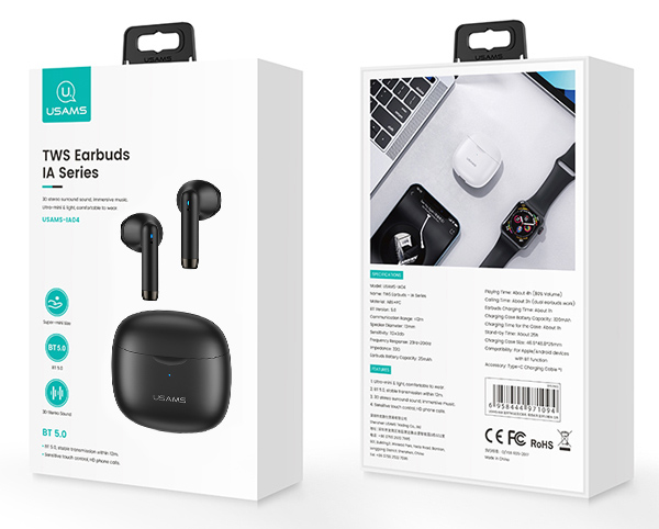USAMS earphones IA04 με θήκη φόρτισης, True Wireless, Φ13mm, μαύρα