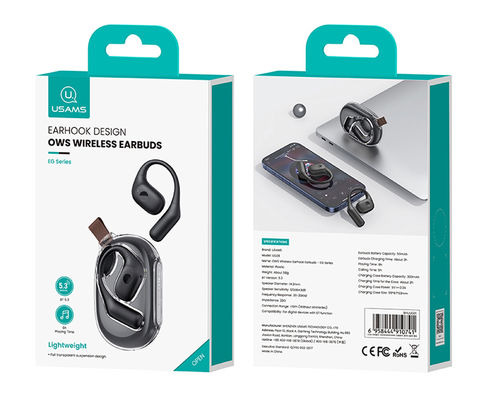 USAMS earphones με θήκη φόρτισης UG26, OWS, Φ14.2mm, 50/300mAh, μαύρα