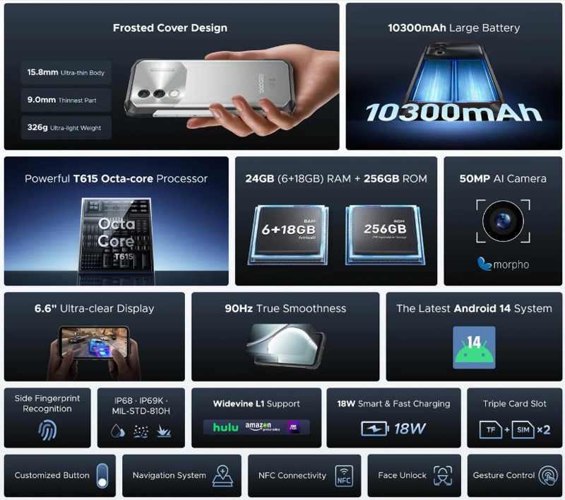 DOOGEE smartphone Blade10 Power, 6.6″, 6/256GB, 10300mAh, IP68/IP69K, μαύρο
