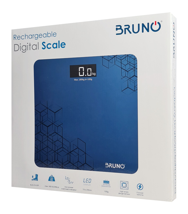 BRUNO ψηφιακή ζυγαριά BRN-0073, έως 180kg, επαναφορτιζόμενη, μπλε