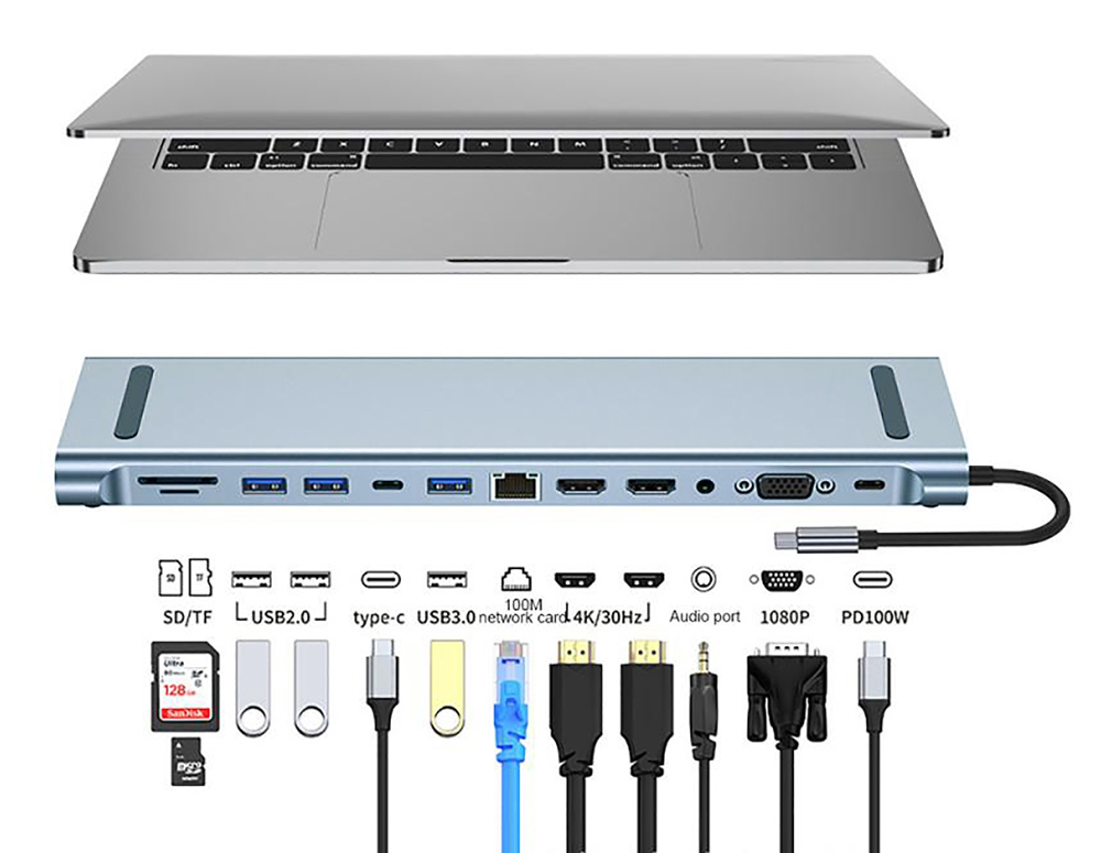 POWERTECH docking station BYL-2003U2, 12 θυρών, βάση laptop, USB-C, γκρι