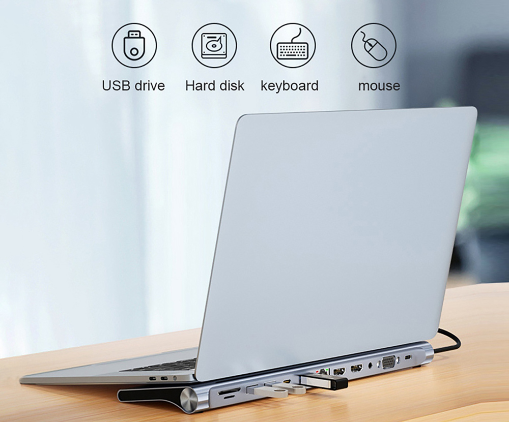 POWERTECH docking station BYL-2003U2, 12 θυρών, βάση laptop, USB-C, γκρι