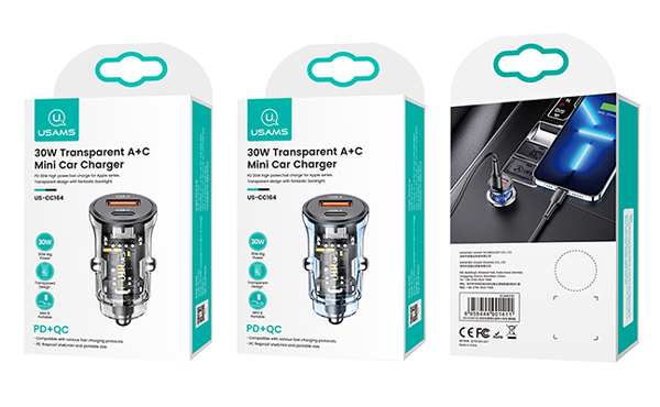 USAMS φορτιστής αυτοκινήτου US-CC164, USB & USB-C, 30W, μαύρος