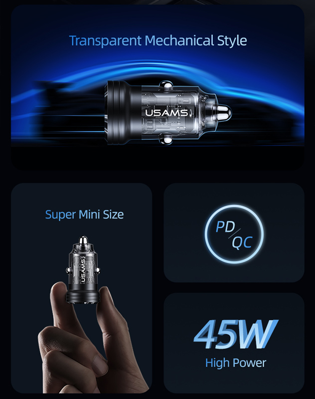 USAMS φορτιστής αυτοκινήτου US-CC175, USB & USB-C, 45W, QC & PD, μαύρος