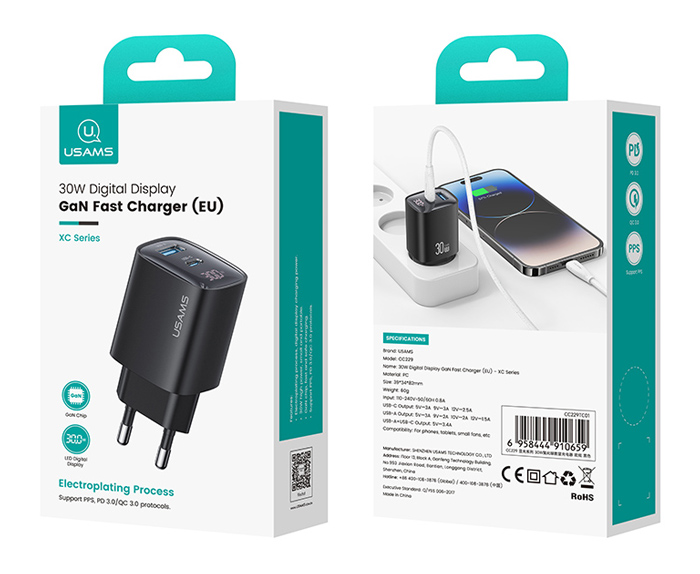 USAMS φορτιστής τοίχου US-CC229, USB & USB-C, 30W, GaN, μαύρος