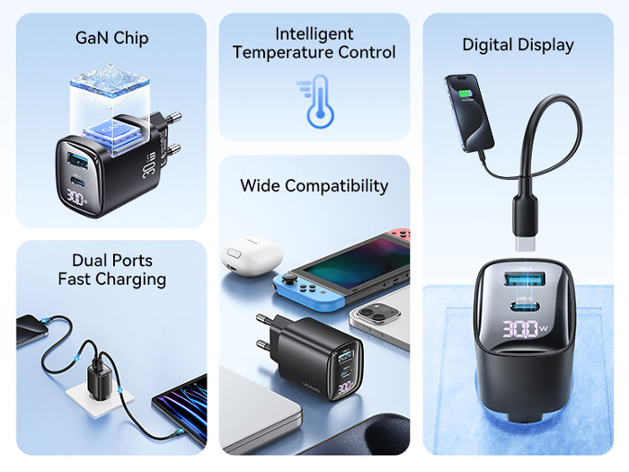 USAMS φορτιστής τοίχου US-CC229, USB & USB-C, 30W, GaN, λευκός