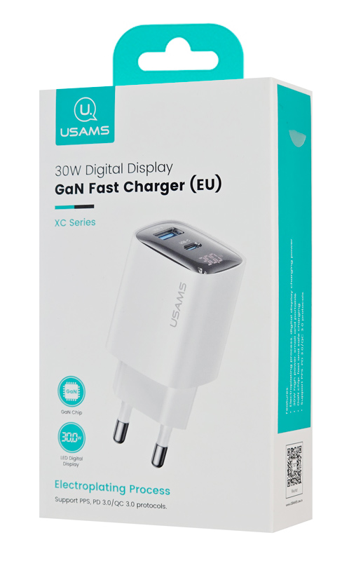USAMS φορτιστής τοίχου US-CC229, USB & USB-C, 30W, GaN, λευκός