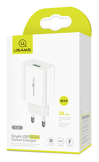 USAMS φορτιστής τοίχου T22, 1x USB, QC3.0 18W 3A, λευκός