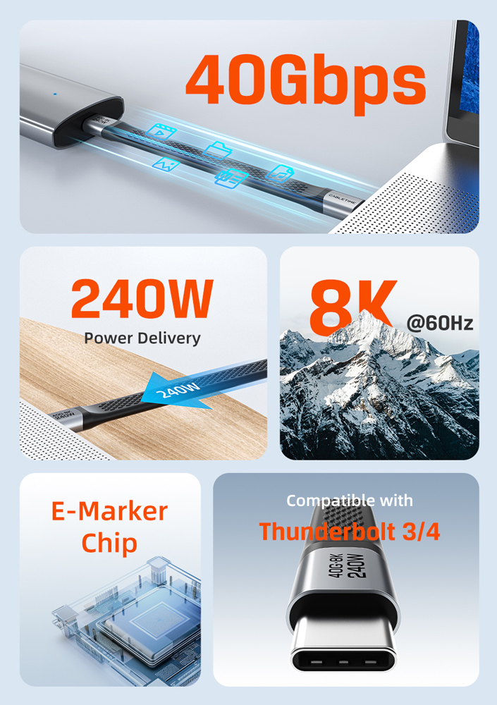 CABLETIME καλώδιο USB-C CT-FU4-AG, flat, 240W, 40Gbps, 8K/60Hz, USB4, 0.15m, μαύρο